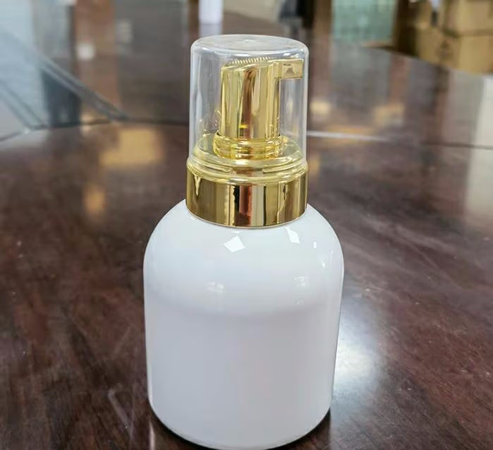 New, 300ml Empty White PETG Bottle / Gold Electromagnetic Foam Dispenser / Clear Cover