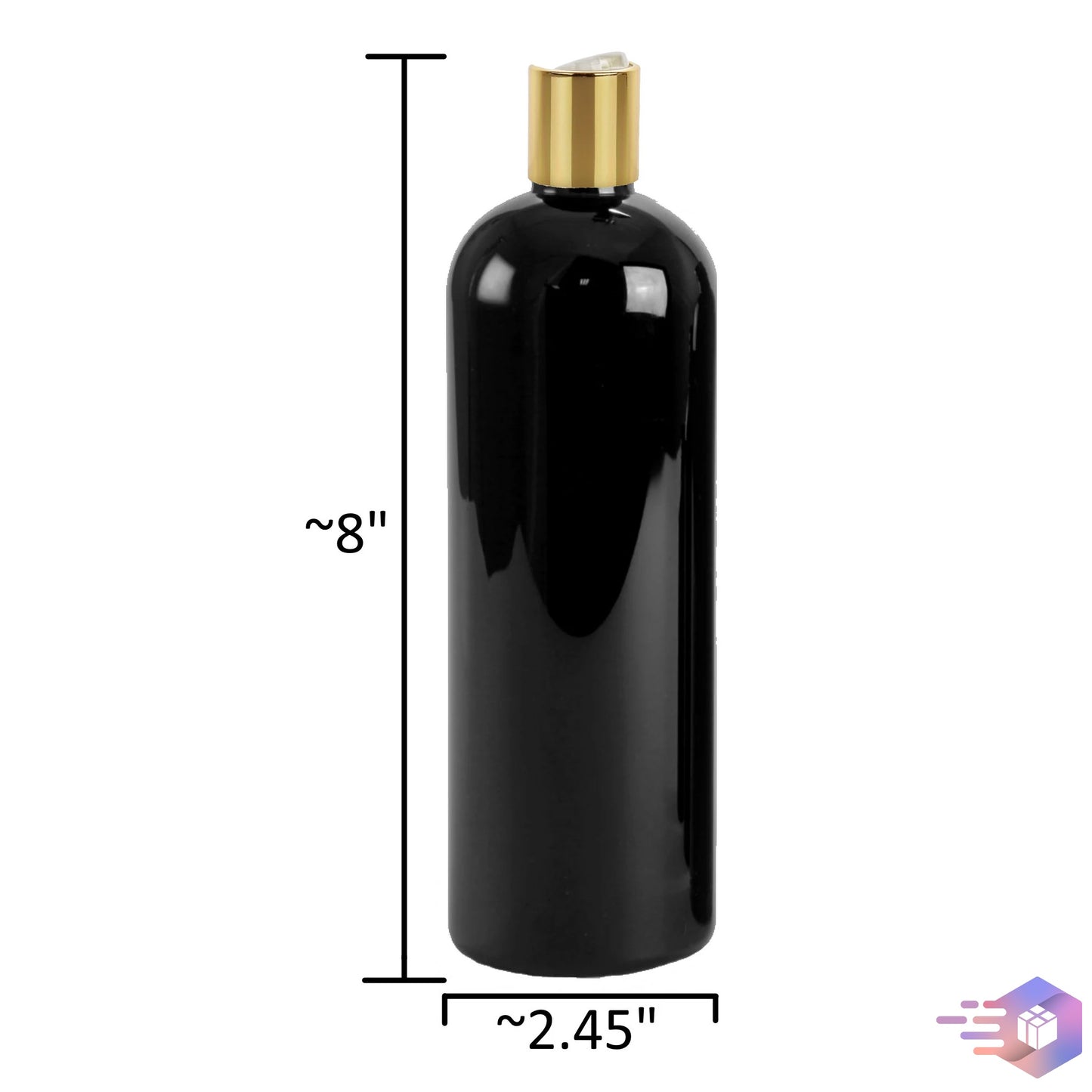16 oz Midnight-Black Cosmo Rounded Bullet Shampoo Bottle w/ Gold Disc Top Cap 24-410