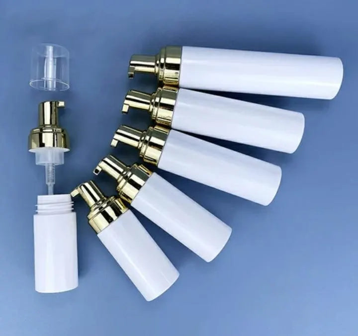 New Empty 4-oz-White-BPA-FREE PET Makeup/Skincare Refillable Bottle-With Gold Foaming Pump Dispenser/Clear Cover-