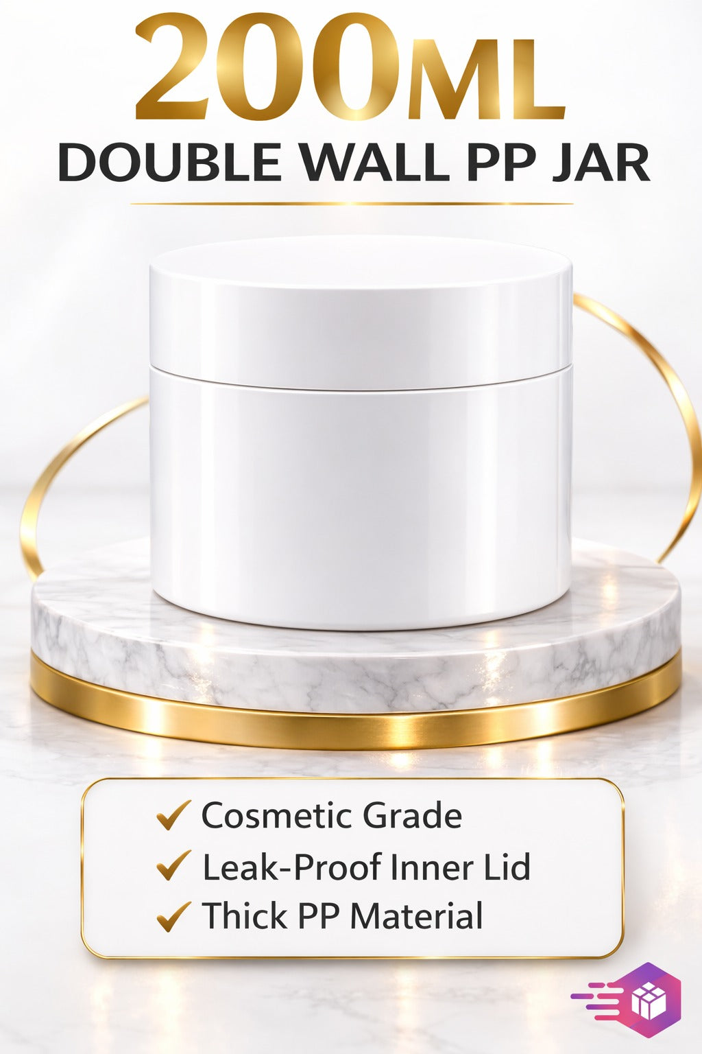 200ml White Double Wall Polypropylene (PP) Jar with Inner Lid & Screw Cap
