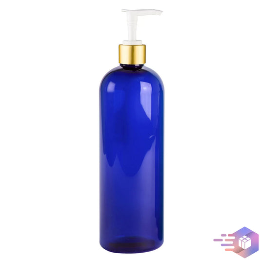 16 Oz Royal-Blue Cosmo Rounded Bullet Shampoo Bottle Gold Disc Pump Cap 24/410