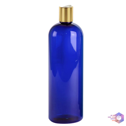 16 Oz Royal-Blue Cosmo Rounded Bullet Shampoo Bottle Gold Disc Top Cap 24/410