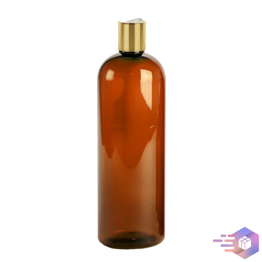 16 Oz Amber Cosmo Rounded Bullet Shampoo Bottle w/ Gold Disc Cap 24/410