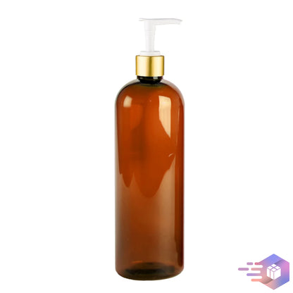 16 Oz Amber Cosmo Rounded Bullet Shampoo Bottle w/ Gold Disc Pump 24/410