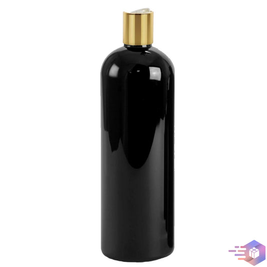 16 oz Midnight-Black Cosmo Rounded Bullet Shampoo Bottle w/ Gold Disc Top Cap 24-410