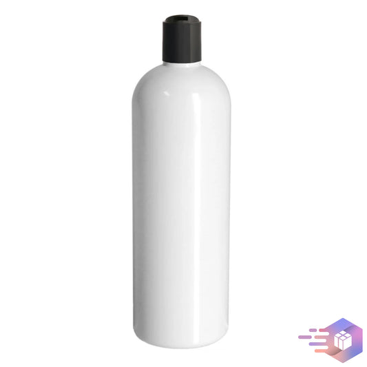 16 Oz Solid-White Cosmo Rounded Bullet Shampoo Bottle w/ Black Disc Top Cap 24/410