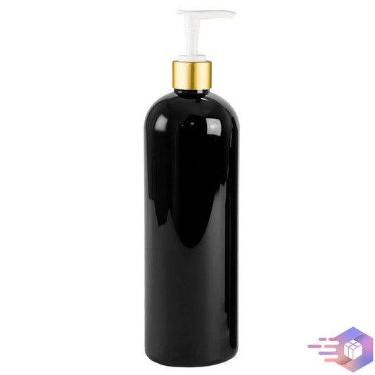 16 oz Midnight-Black Cosmo Rounded Bullet Shampoo Bottle w/ Gold Disc Pump 24-410