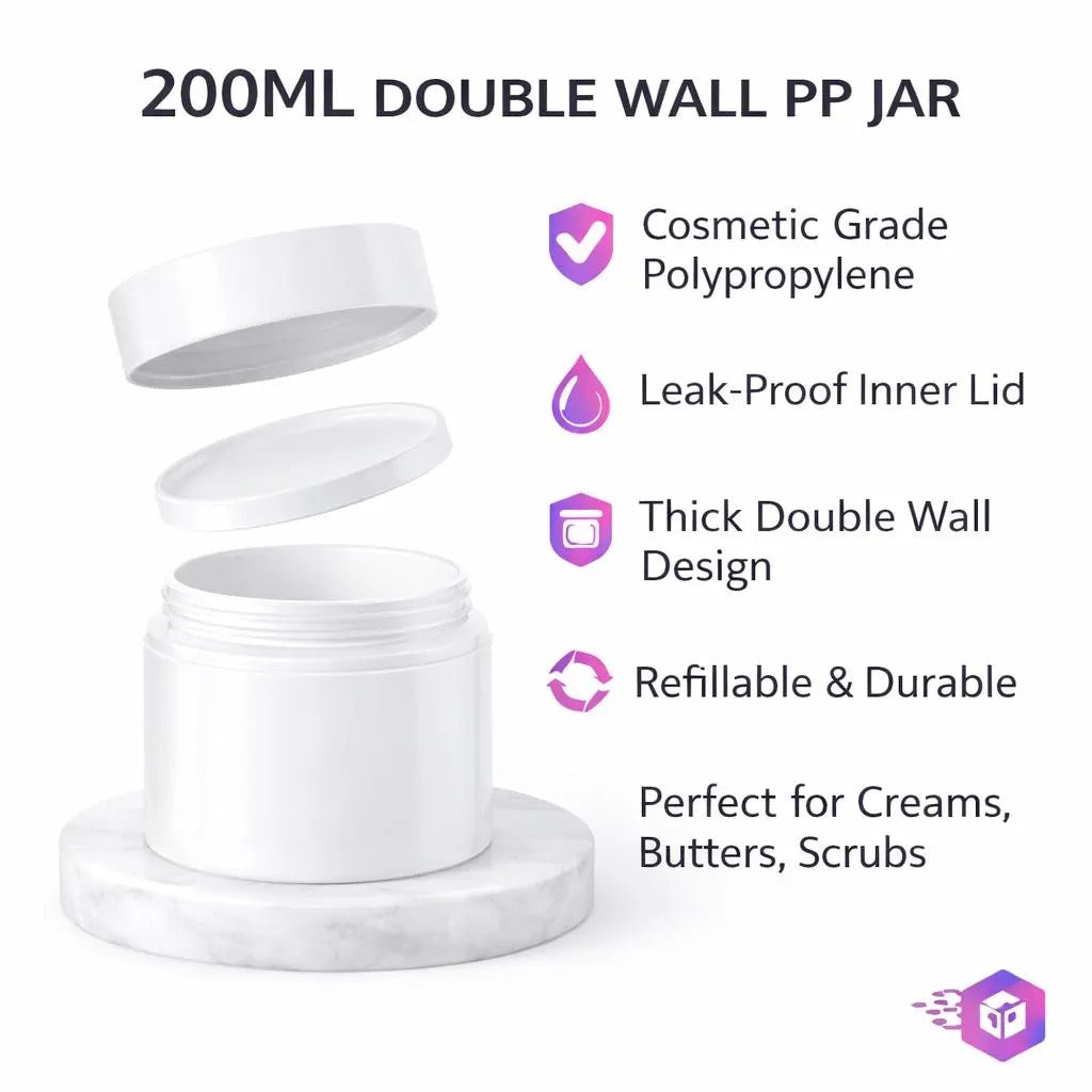 200ml White Double Wall Polypropylene (PP) Jar with Inner Lid & Screw Cap