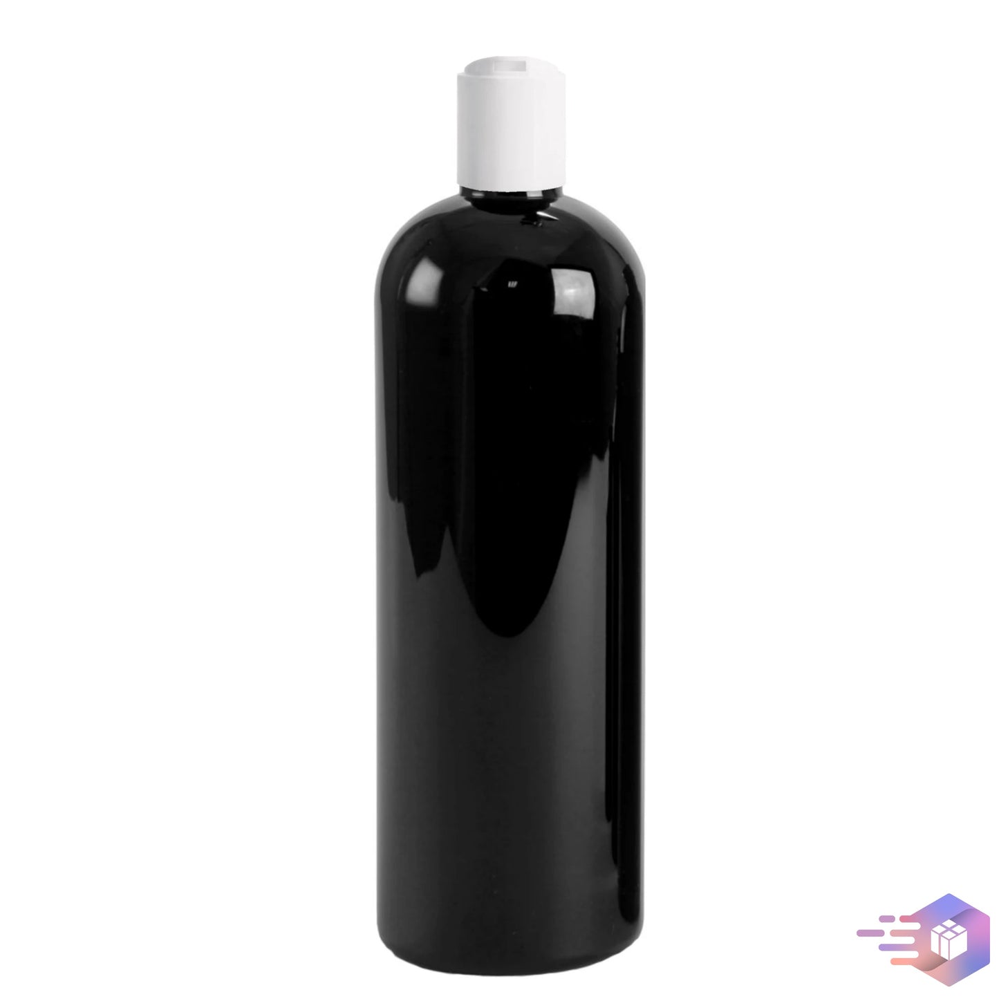 16 oz Midnight-Black Cosmo Rounded Bullet Shampoo Bottle w/ White Disc Top Cap 24-410