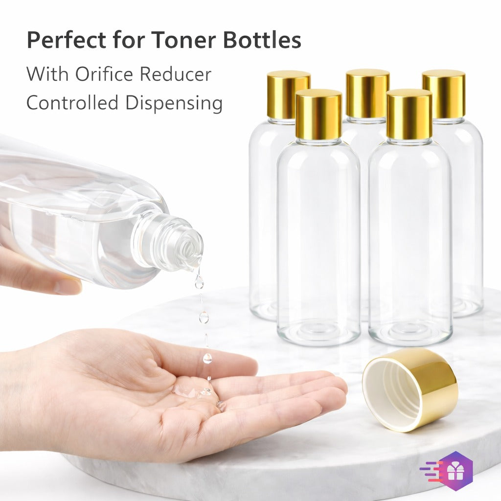 6 oz Clear PET Bottle with Orifice Reducer & Gold Screw Cap