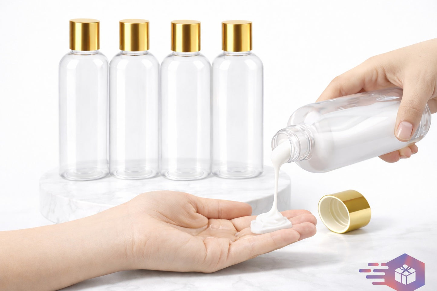 6 oz Clear PET Bottle with Orifice Reducer & Gold Screw Cap