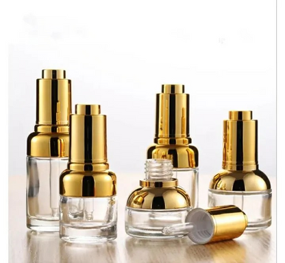 Clear Luxury Dropper Glass Bottle New Empty/ Metalized Gold Press Dropper Pump 30 / 50ml