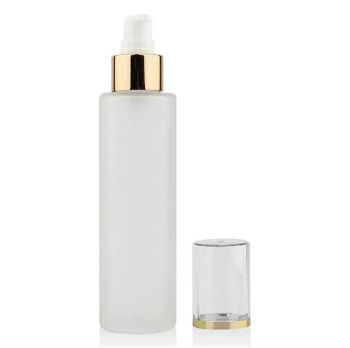 New 4oz  Frosted Glass  Pump Bottle / Gold  Cover