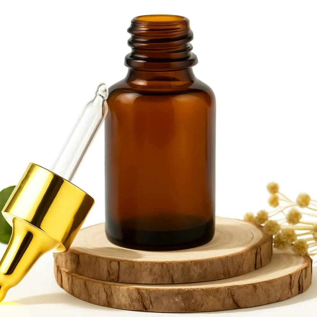 New Luxury Amber Glass Dropper Bottle with Gold Cap – 30g,50g,100g