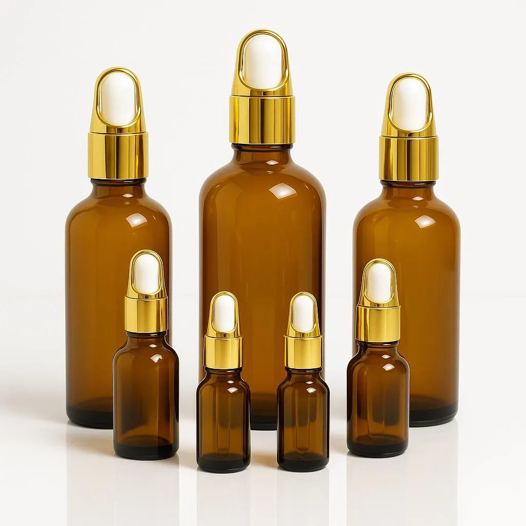 New Luxury Amber Glass Dropper Bottle with Gold Cap – 30g,50g,100g