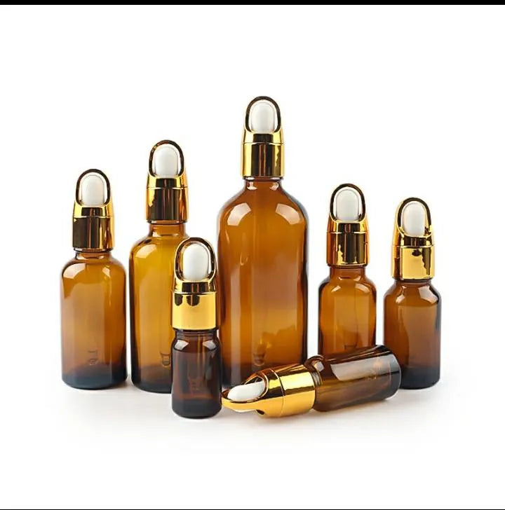 New Luxury Amber Glass Dropper Bottle with Gold Cap – 30g,50g,100g
