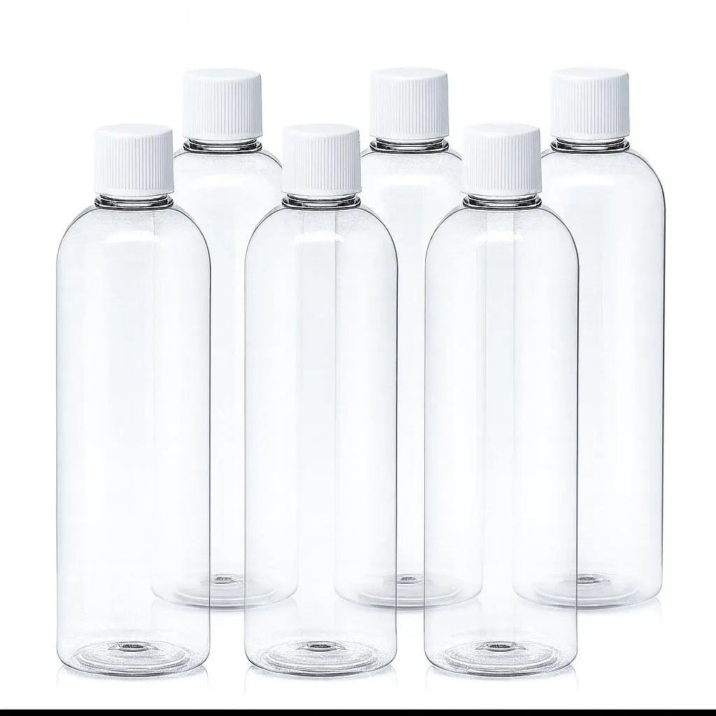 New 4oz/8oz Clear Cosmo PET Bottles with Black and white Screw Cap
