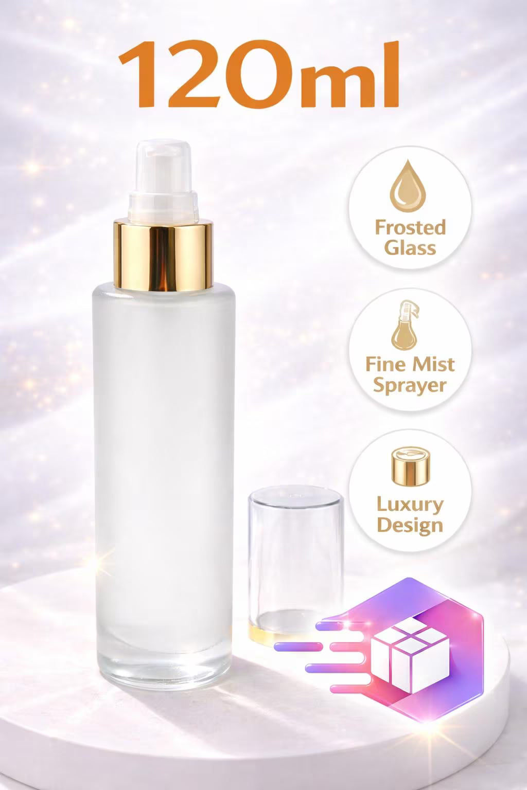 New 4oz  Frosted Glass  Pump Bottle / Gold  Cover