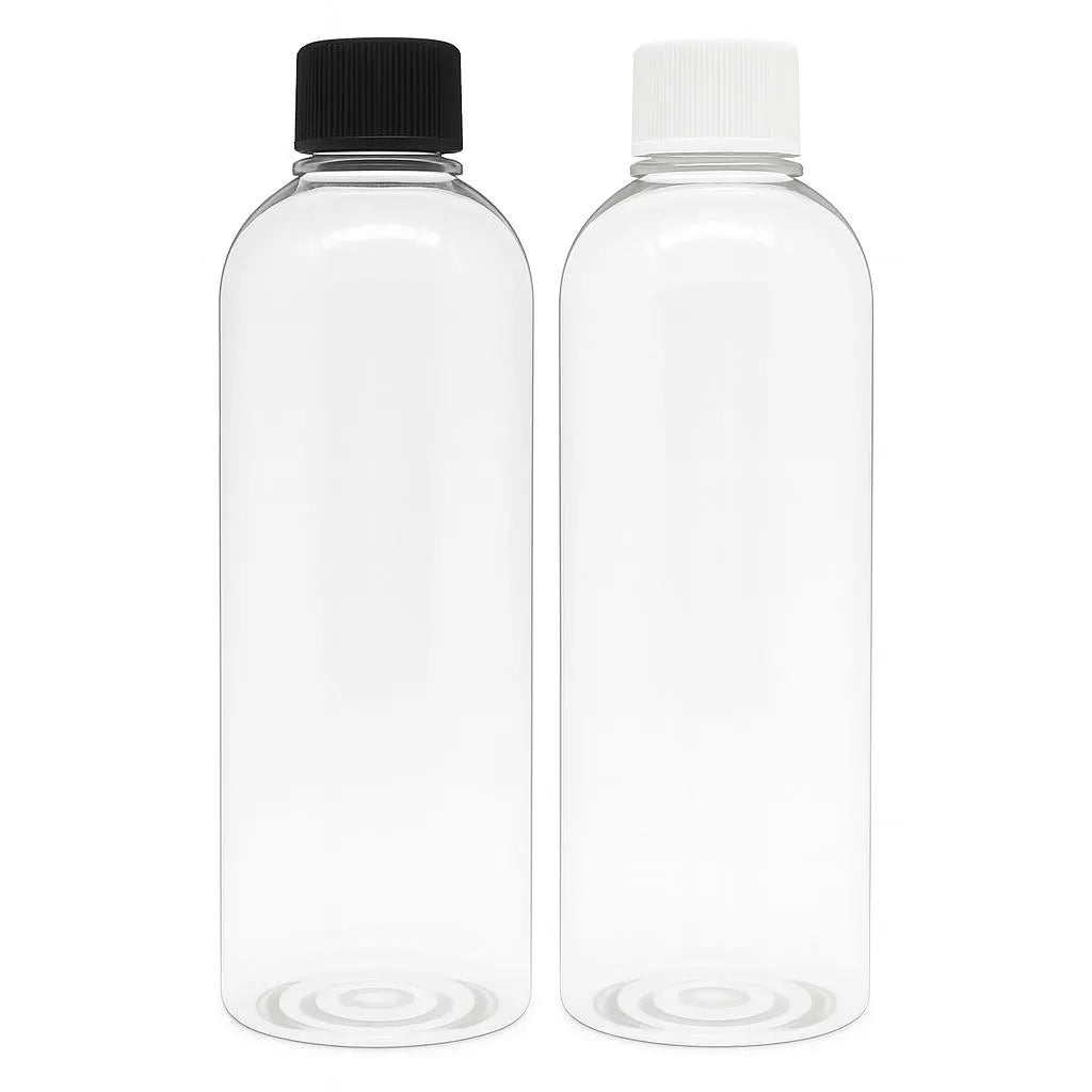 New 4oz/8oz Clear Cosmo PET Bottles with Black and white Screw Cap