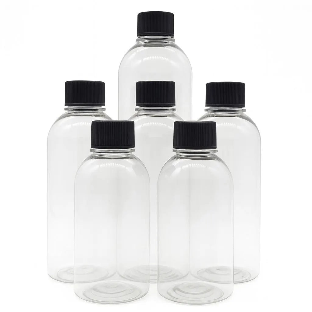 New 4oz/8oz Clear Cosmo PET Bottles with Black and white Screw Cap