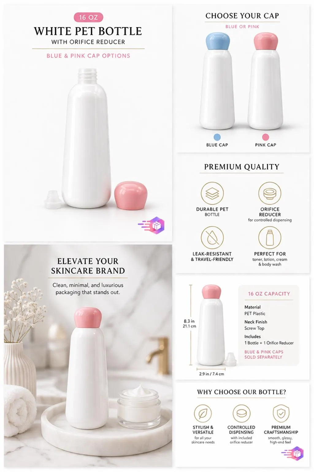 16 oz White PET Cosmetic Bottle with Orifice Reducer